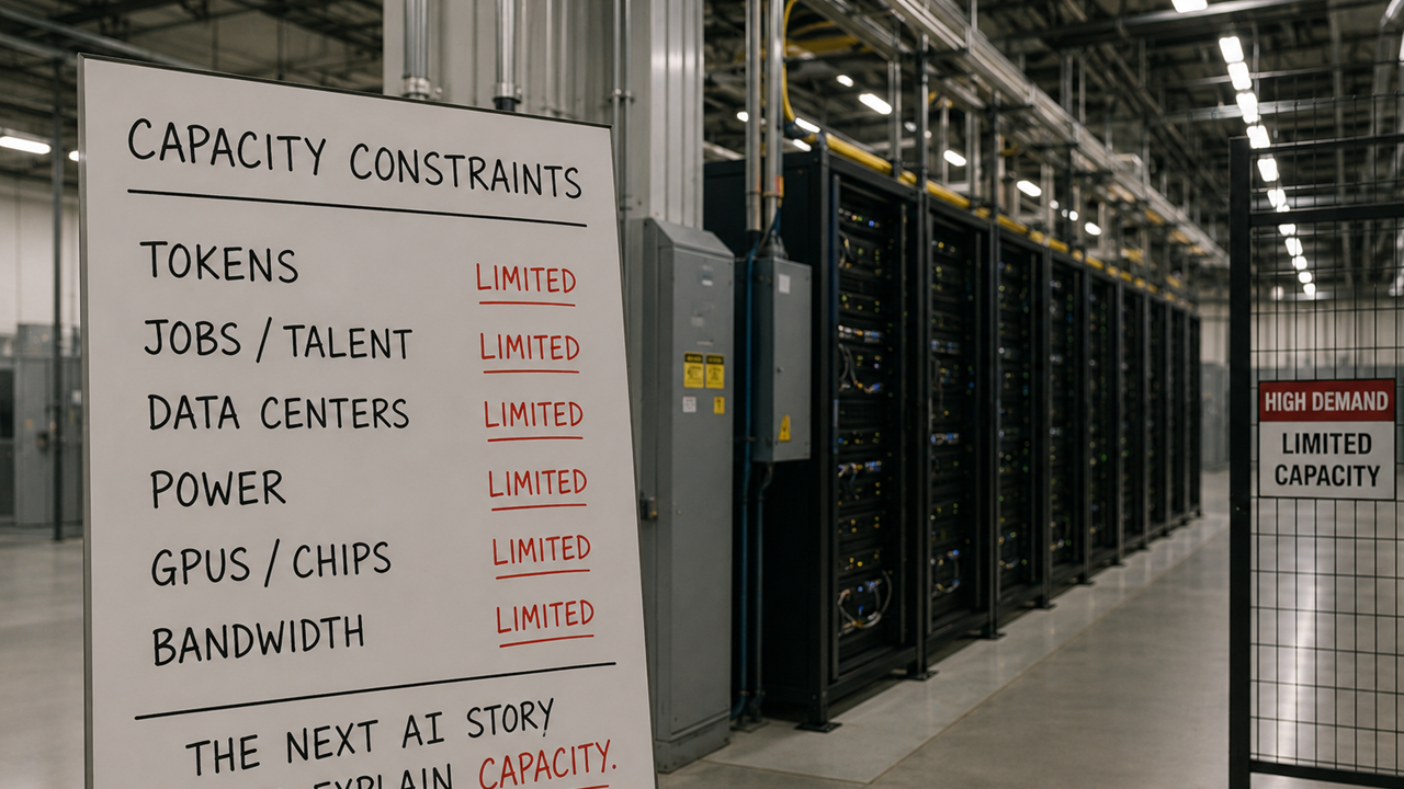 A dense AI control room packed with power meters, token counters, job charts and data center silhouettes, all funneled through a single golden bottleneck.