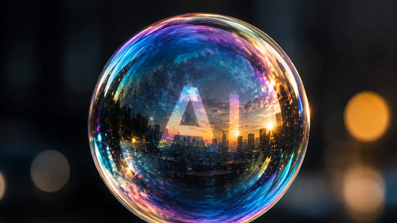 AI cityscape trapped inside a shimmering soap bubble, capturing the delicate balance between hype and lasting value.