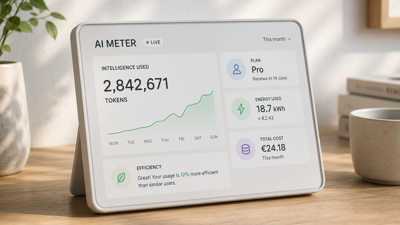 Clean AI Meter dashboard on a desk, displaying live token usage, energy consumption, costs and efficiency metrics.