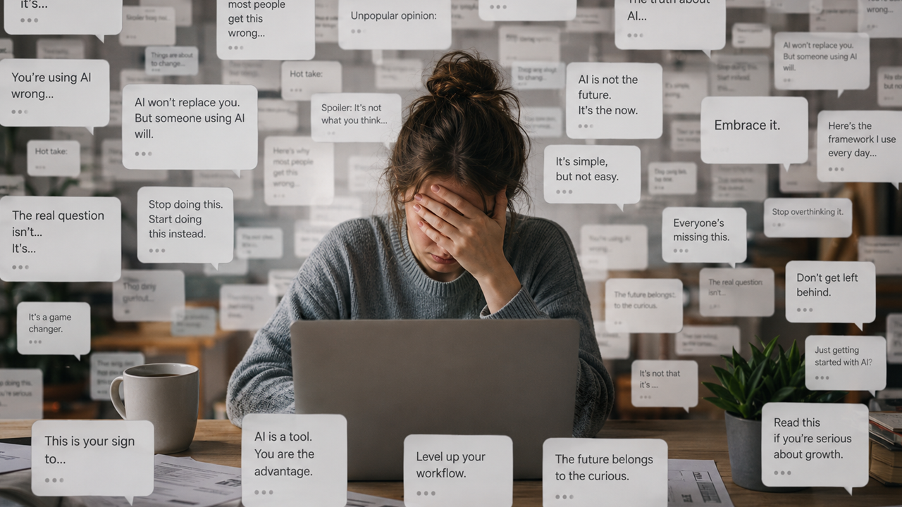 Overwhelmed woman at her desk, surrounded by a flood of generic AI opinions and hot takes in speech bubbles.