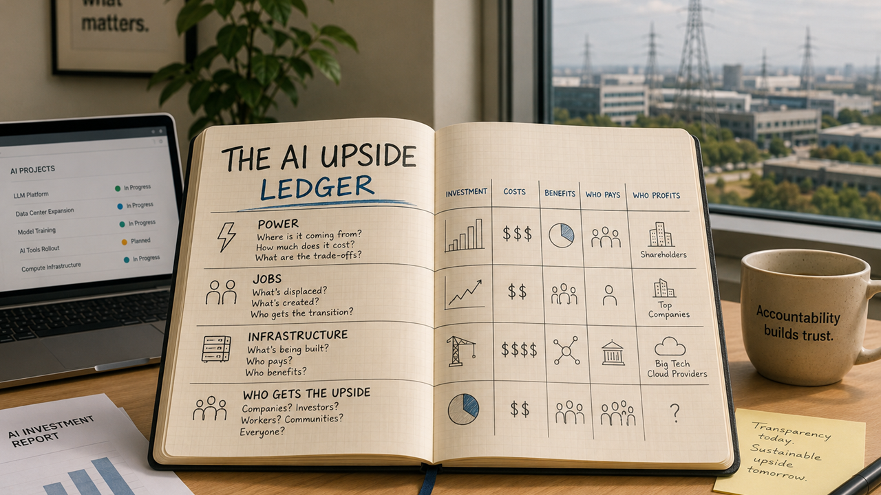 Open notebook on a desk displaying "The AI Upside Ledger", tracking power, jobs, infrastructure and who benefits from AI progress.