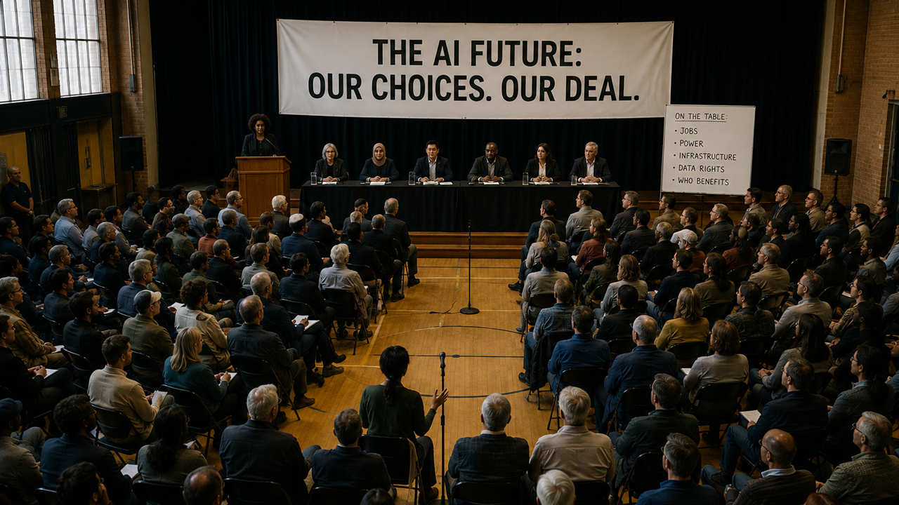 Public town hall with panel on stage under the banner "The AI Future: Our Choices. Our Deal.", with citizens debating jobs, power, infrastructure and shared benefits.