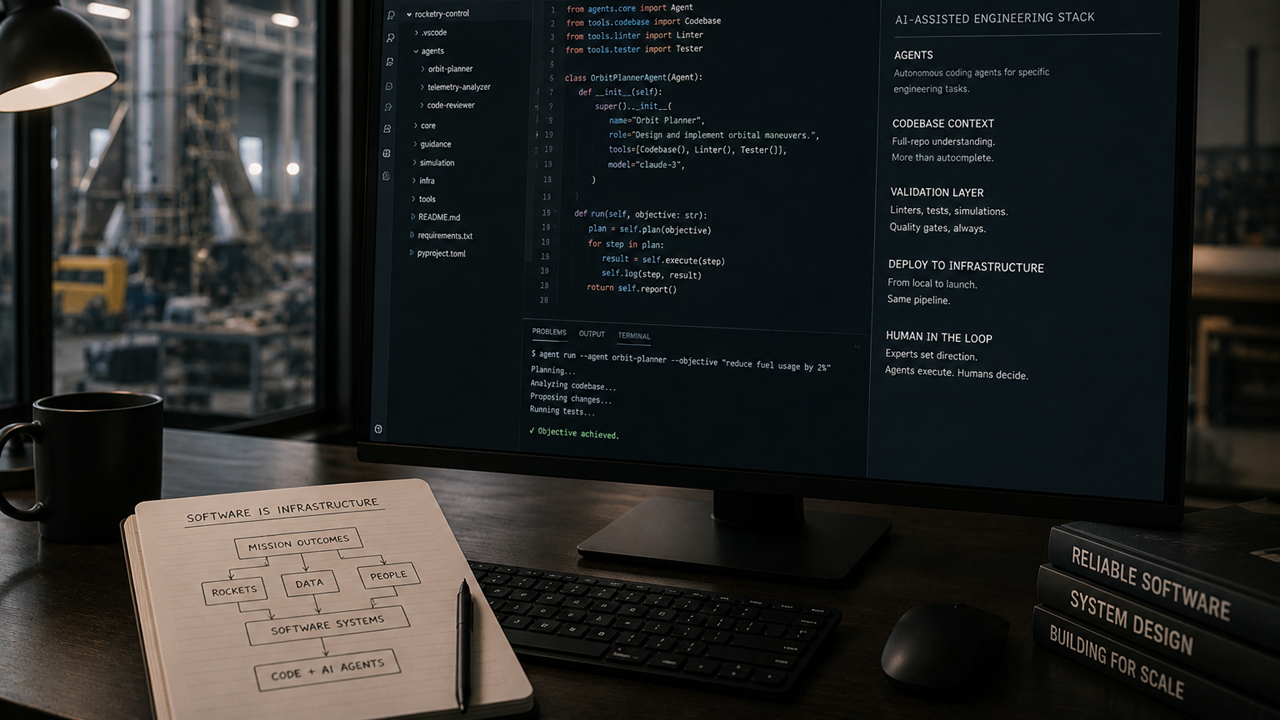 Workspace desk with AI-assisted coding on screen, open notebook on software infrastructure and engineering notes.