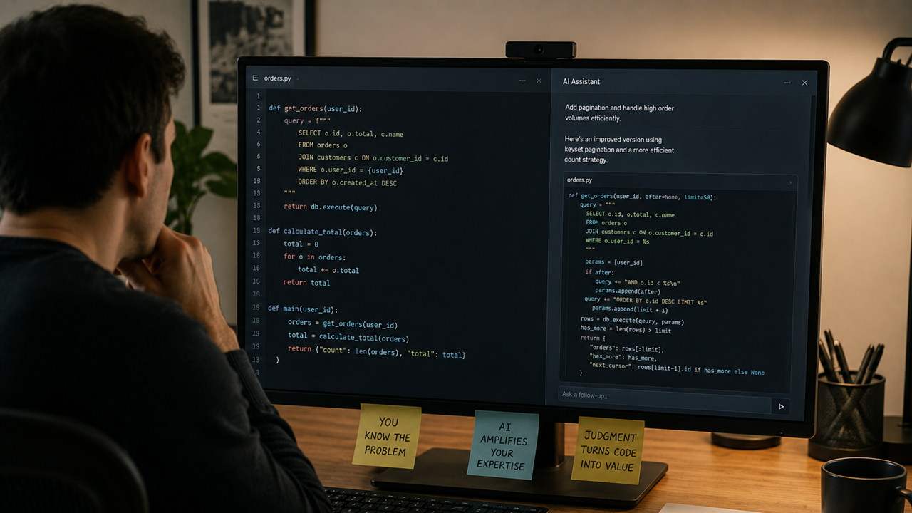 Engineer leveraging AI coding tools, where human judgment turns suggestions into real value.
